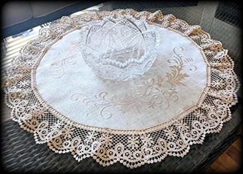Galleria di Giovanni Grande grande redonda de 24 polegadas de renda de renda bordada Topo de mesa de mesa neutro bege natural