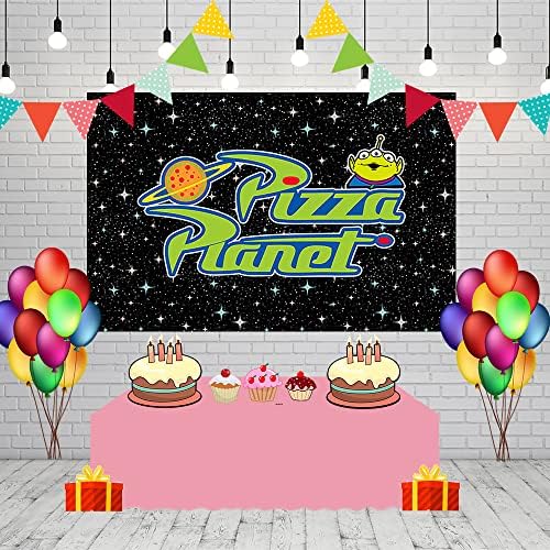 Cenário do planeta de pizza para suprimentos de festa de aniversário 70.8x47.2 no tema da história de brinquedo Banner de chá de bebê para festa de aniversário decoração de mesa de bolo