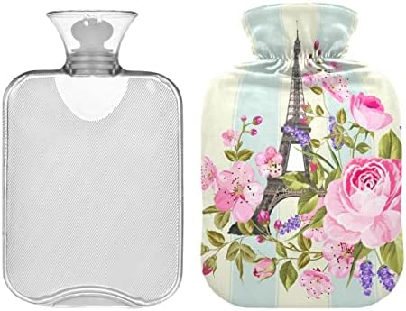 Garrafas de água quente com capa Eiffel Tower Floral Hot Water Saco para alívio da dor, garotas femininas, bolsa de água quente de 2 litros