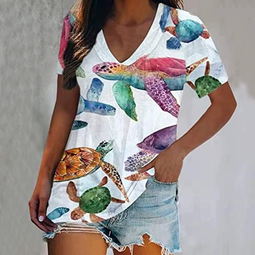 Camiseta no outono de verão para meninas de manga curta algodão V pescoço básico de ajuste solto de