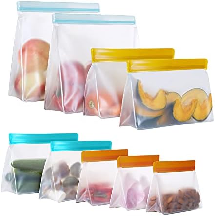 Sacos de armazenamento de alimentos reutilizáveis ​​se levantam, 9 bolsas de congelador reutilizáveis ​​para ziplock, sacos de galão de armazenamento à prova de vazamentos, sacos de alimentos de silicone reutilizáveis, sacos de sanduíche, sacos de lanches reutilizáveis ​​para cria