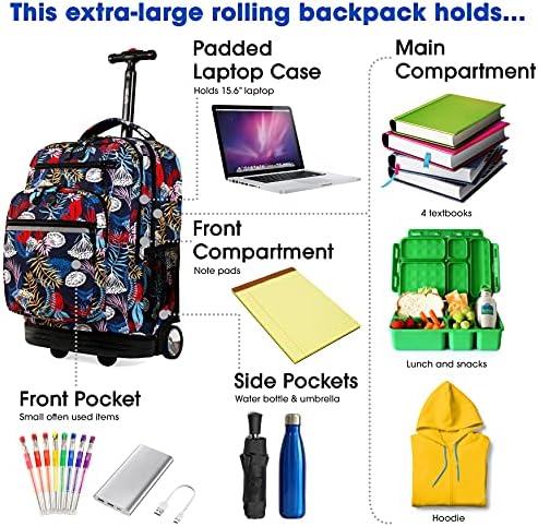 J mundial de Nova York Sundance Rolling Backpack Girl Boy Roller Bookbag, Botanic, 20 x 13 x 9