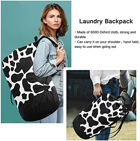 Hjjkllp Black White Cow Print Laundry Saco de lavanderia grande mochila para serviço pesado com tiras de ombro bolsa