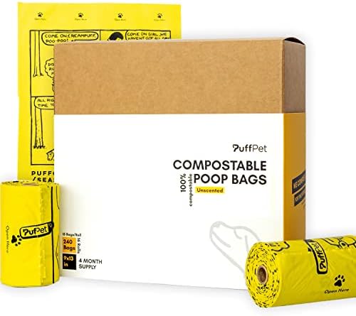 Bolsas de cocô de cocô de cães compostáveis, 16 rolos, 240 contagens, compostáveis, resistentes