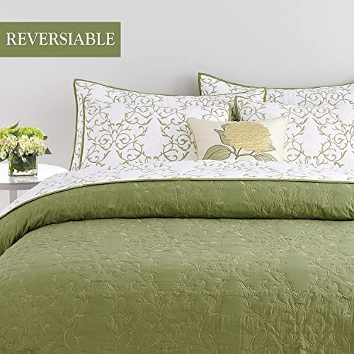 Querencia Olive Green Cotting Quilt colchatelet coverlet edredom King Size - Reversível Floral Farmhouse Cottage Bedding Spreads Shabby Chaves Spreads, 3 peças