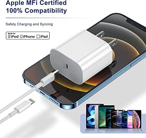 Bloco de carregador rápido do iPhone, [Apple MFI Certified] 2Pack 20W Plug de carregador de parede com Cabo USB C para Lightning Cabo de 6 pés, iPhone Adaptador de potência Brick para iPhone 14 Pro Max/13 Pro/12 mini/12/11, iPad