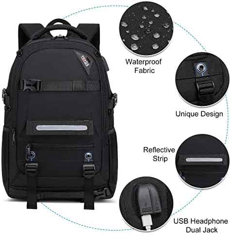Mochila Rucyen Skateboard, mochila de laptop com porta de carregamento USB, trava anti-roubo RFID, tecido