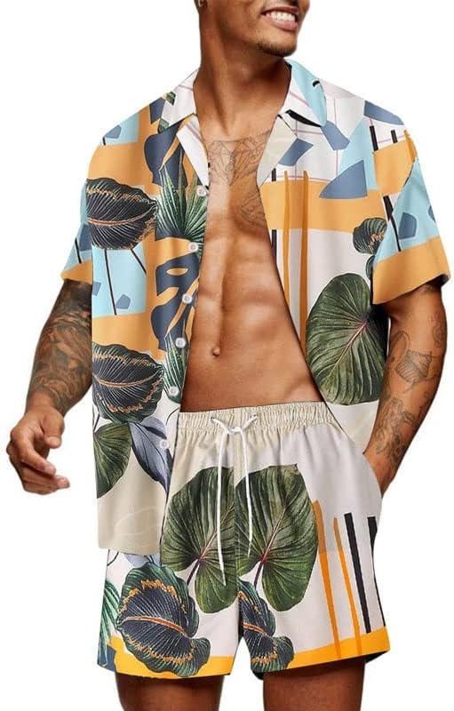 Scdzs Men's Print Conjunto de lapela Botão Camisa de manga curta e praia Conjunto de verão curto para homens Hawaiian