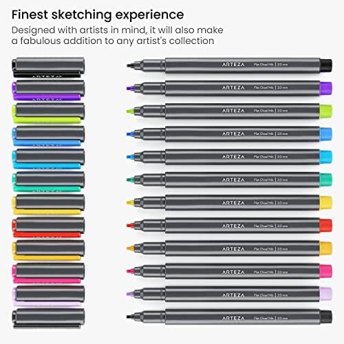 Marcadores de caligrafia Arteza, conjunto de 12, tinta permanente à base de água, 11 cores exclusivas, pontas de 2 mm, canetas de marcador de ponta de cinzel e cinzel de água