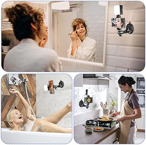 Lentok sucção de xícara espelho portador de telefone com leve e monte de câmera de telefonia de parede para maquiagem Creator Essentials, tripé espelhado para banheiro compatível com cozinha com toda a superfície lisa