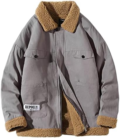 Icofg Men's Long Slave Cargo Jaqueta Inverno quente Quilted Faux Fleece Plush Plush Bolso de peito