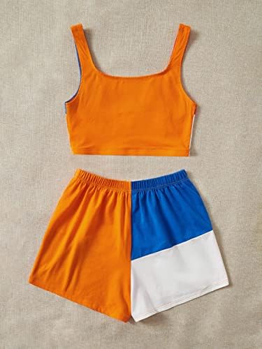 Roupas de 2 peças de 2 peças femininas makemechicas blocos coloridos tanque de colmões e shorts de troca de