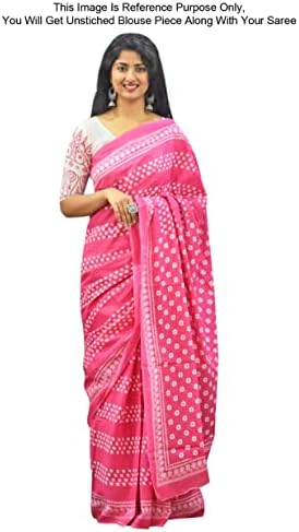 Peegli Sanganeri Pack de impressão à mão de 2 saree algodão rosa e sari laranja com pedaço de blusa