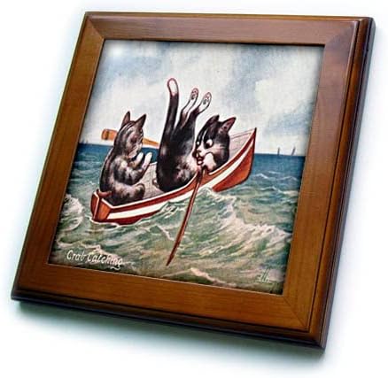 Imagem de 3drose de pintura engraçada de dois gatos em um barco emoida em ondas - ladrilhos emoldurados