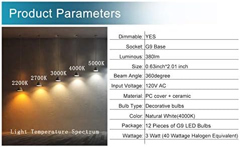 Bulbos de 12 pacote G9 LAMP LENTES DIMMÁVEL - 3W CHANDELIER BRANCO NATURAL 4000K 40W Halogen equivalente, 380 lúmen, sem cintilação, lâmpada de halogênio da base G9 BI para lâmpadas de mesa, luz de parede, lustres de cristal