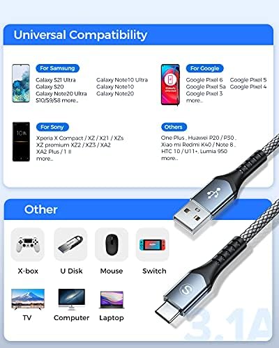MAXGROUP USB Tipo C Cabo [2 pacote, 6ft], USB A para USB-C 3.1A Cabo de nylon de carregador rápido para o Samsung