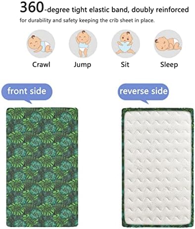 Monstera com tema Mini folhas de berço, lençóis de berço portáteis folhas de colchão de colchão macio de criança minuciosa ou lençol de camas de criança, 24 x38, laminete verde verde de samambaia