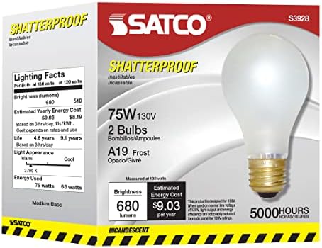 SATCO S3928 75 WATT 680 LUMENS A19 INCANDescent Rough Service Shatterpoof Lâmpada, 2 pacote