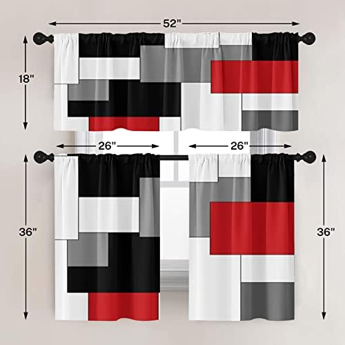 Cortinas de cozinha vermelha de Tayney cortinas de janela cinza preto Conjunto de valance e camada de 3, cortina