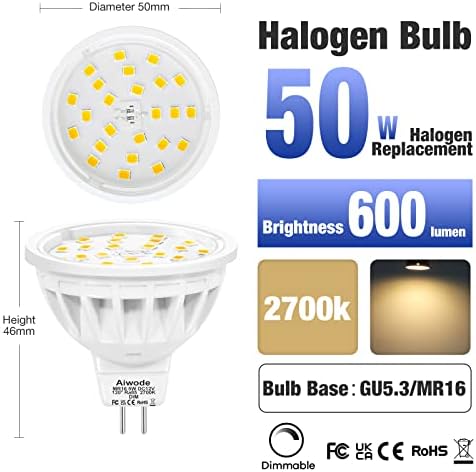 Lâmpadas LED MR16 reduzíveis de AIWode, lâmpadas de halogênio de 50W de 5W, DC12V, 2700K branco quente, RA85 600LM, GU5.3 LED Substituição da lâmpada para iluminação de pista recuada, feixe de inundação de 120 graus, pacote de 6.