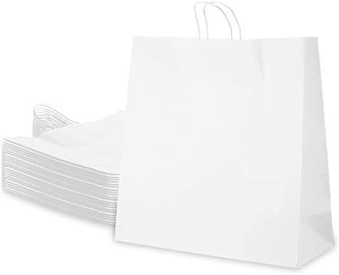 Grandes sacos de papel brancos com alças 13x7x17 polegadas, compras, sacolas de presente, festa, varejo, mercadorias, lancheiras, sacolas de supermercado, fortes, reutilizáveis, duráveis, ecológicas