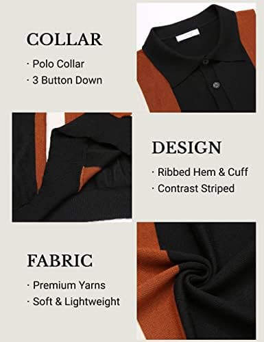 Coofandy Men's Knit Polo Shirt Shorve Slave Camisa de Golfe Listrada Vintage
