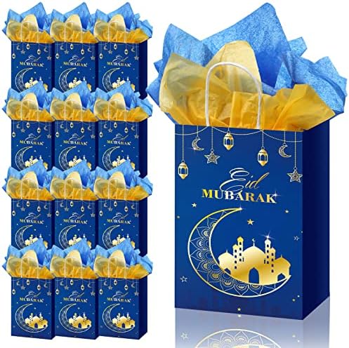 12 pacotes Eid Mubarak Sacos de presente com papel de papel Ramadã Sacos de tratamento com alça para Goodie Candy Eid Mubarak Festa de aniversário muçulmano Supplies