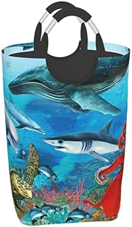 Dolphins Tartaruga marinha Octopus de coral de recife cesta de lavanderia dobrável cesto de roupa suja de roupa suja de roupa de água com alça de lixo de lavar roupa de lavar roupa de roupas para banheiro, quarto, dormitório, viajar 50l