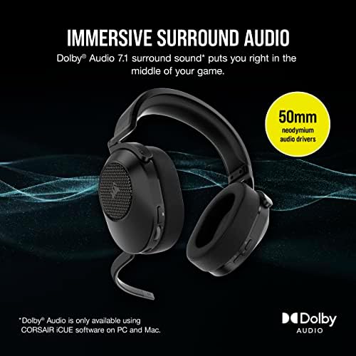CORSAIR HS65 Wireless Gaming Headset-Baixa latência de 2,4 GHz sem fio ou Bluetooth®, Dolby® Audio 7.1 Sourth Sound, leve, microfone omni-Direcional, controles de áudio na orelha-carbono-carbono