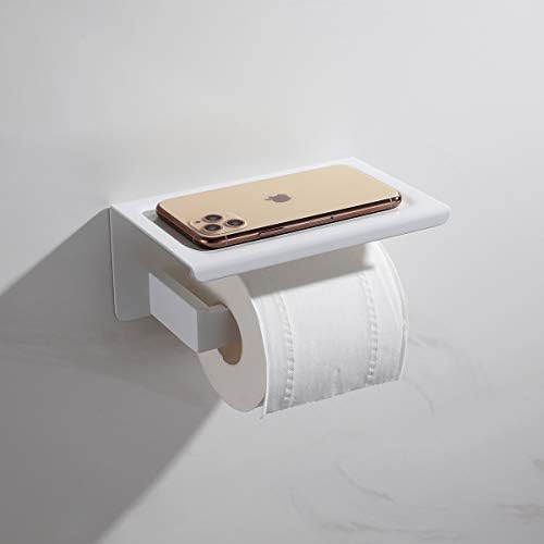 Portador de papel higiênico branco e prateleira de aço inoxidável de aço inoxidável com prateleira de armazenamento de telefone para banheiro
