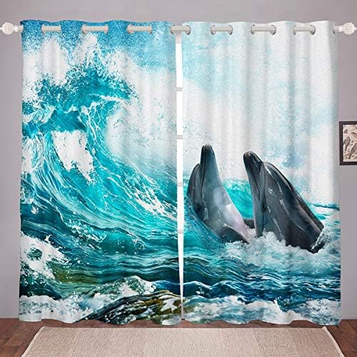 Cortinas de golfinhos Ocean Marine temáticos cortinas de janela para crianças adolescentes Ocean Window Window
