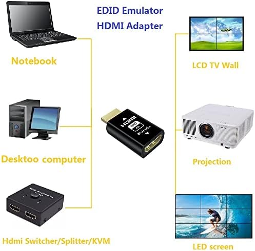 HDMI EDID Emulator Passhrough, adaptador de emulador de exibição para Thunderbolt para HDMI KVM Switch/Extender/AV