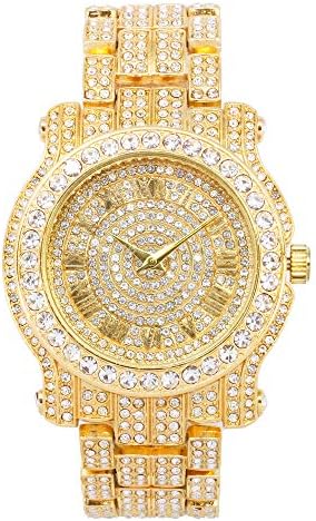 Relógio de diamante gelado de 45 mm de 45 mm inundado com diamantes de laboratório simulados - Band de metal ajustável com bling ou acabamento em ouro, prata e acabamento em dois tons - disponível em relógios e relógios e conjuntos de pulseiras