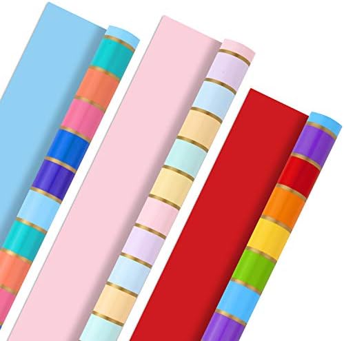 Hallmark Todas as ocasiões Pacote de papel de embrulho reversível - listras de arco -íris e sólido para aniversários,