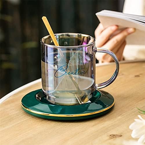 Dodouna Creative colorido de vidro de vidro caneca de pêlo de vinho copo de chá de uísque com pires e colher conjuntos transparentes copos 420 ml