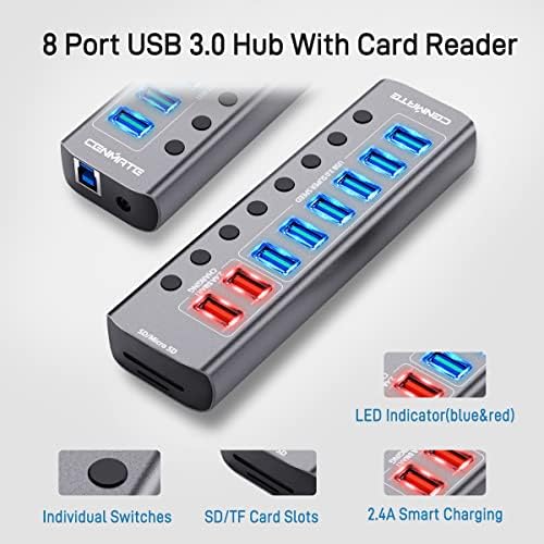 Hub USB elétrico com leitor de cartão TF/SD, Cenmate 8-Port Aluminium USB C Hub com 6 portas de dados USB 3.0,