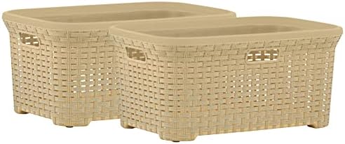 SuperIOs Leundry Basket Plástico cesto de cesto de armazenamento, organizador de cesta bege panos com alças recortadas. Economia de espaço para o banheiro do quarto da lavanderia, design de vime de 50 litros