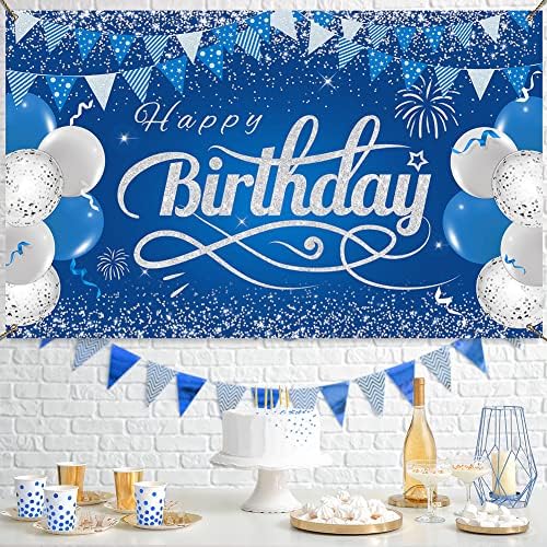 Blue Birthday Party Backdrop Decorações azuis e prata Feliz aniversário Banner Marinha de aniversário