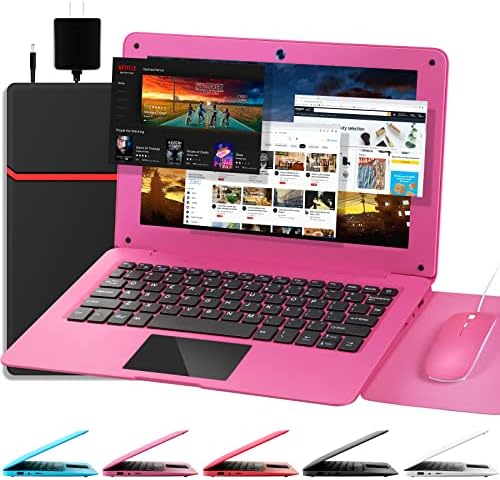 Computador de laptop G-Anica, Quad Core, alimentado pelo Android 12.0, computador netbook com wifi, webcam e bluetooth, mini laptop com bolsa, mouse e mouse pad para crianças e adultos （rosa)