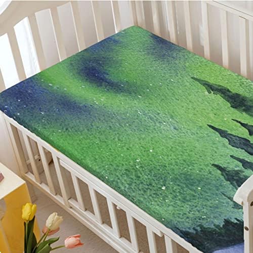 Mini-berço com tema de aquarela, lençóis de berço, lençóis de berço portáteis folhas de colchão de criança macia para meninas meninas, 24 “x38“, teto verde-marinho