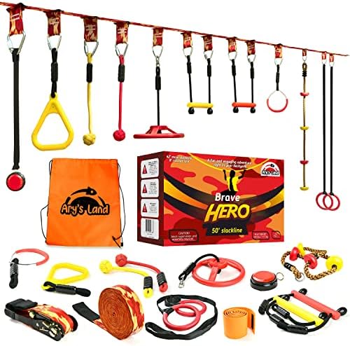 Placa de obstáculos da Ary da terra para crianças - com 11 acessórios e bolsa, botão de campainha, anéis de ginástica, barras de macaco, corda de escalada e muito mais - Streaddy 50 'Ninja Warrior Strening Course for Kids