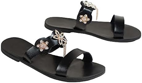 Flippers para feminino peep dedo dedo planos de dedo deslize em sapatos decoração de flores de metal