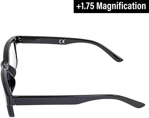 Óculos globais de leitura de visão +1,75 Magração preta com lente clara e tonalidades de clipe polarizadas de