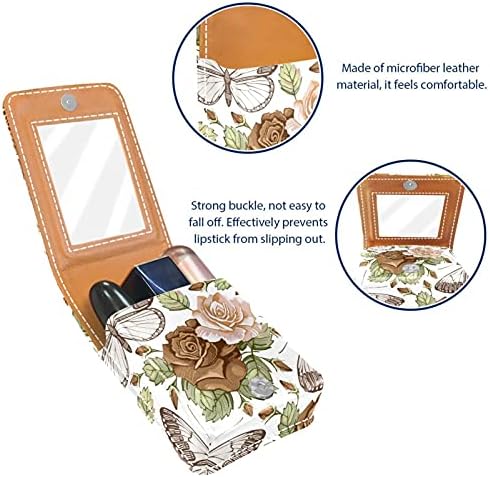 Caixa de batom de maquiagem portátil para viajar, borboletas vintage Rose Flowers Mini Lipstick Storage Box com espelho para mulheres mulheres, bolsa cosmética de couro