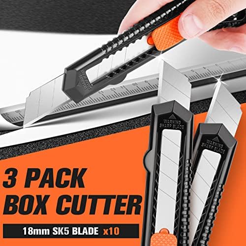 Joyumy 3 Pack utility Faca Cutter Retracável, faca compacta para caixas, papelão e caixas, com lâmina nítida de lâmina mais ampla de 10 peças de 18 mm de 18 mm, perfeita para uso doméstico e uso doméstico