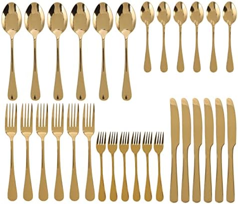 Conjunto de talheres dourados, 30pcs de utensílios de mesa de mesa de tabela Faca falhas de aço inoxidável Conjunto com faca de colher e conjunto de garfo