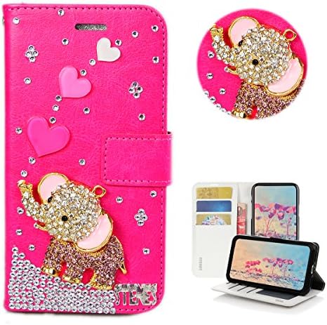STENES IPHONE 6S Plus Caso - Stylish - 3D Bling Crystal Heart Heart CAREFANTE DE ELEPHANT Design Slots de cartão de crédito Dobra Tampa de couro para iPhone 6 Plus/iPhone 6s Plus - Pink quente