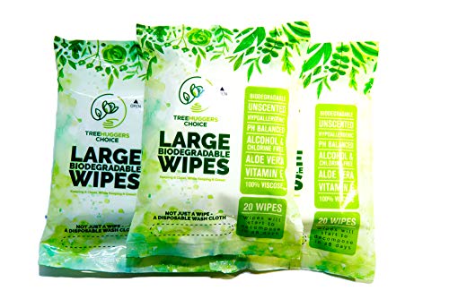 TreeHugger Choice Biodegradable Wet Wipes - Limpos de corpo de chuveiro livre de enxágue para viajar, acampar, ao ar livre, atletas e bebês -3 Pacotes de tamanho de viagem de 20 lenços