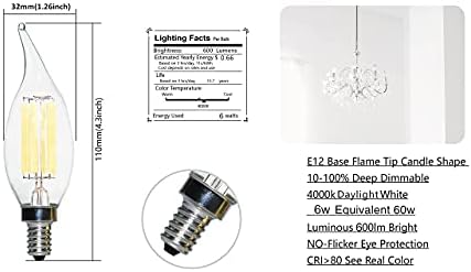Lâmpadas LED de LED AMDTU E12, lâmpadas de candelabra de 40w, lâmpadas de lustre de luz de 6W de 4000k, para