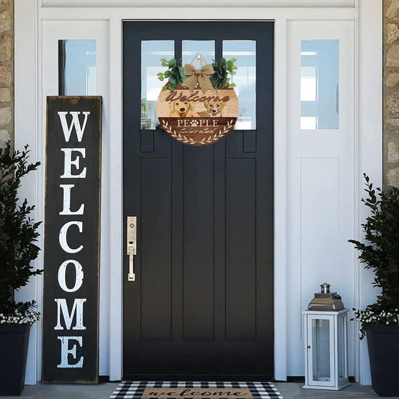 Bem -vindo a bem -vindo a porta da frente, sinal de animal de estimação, casa de fazenda com anel